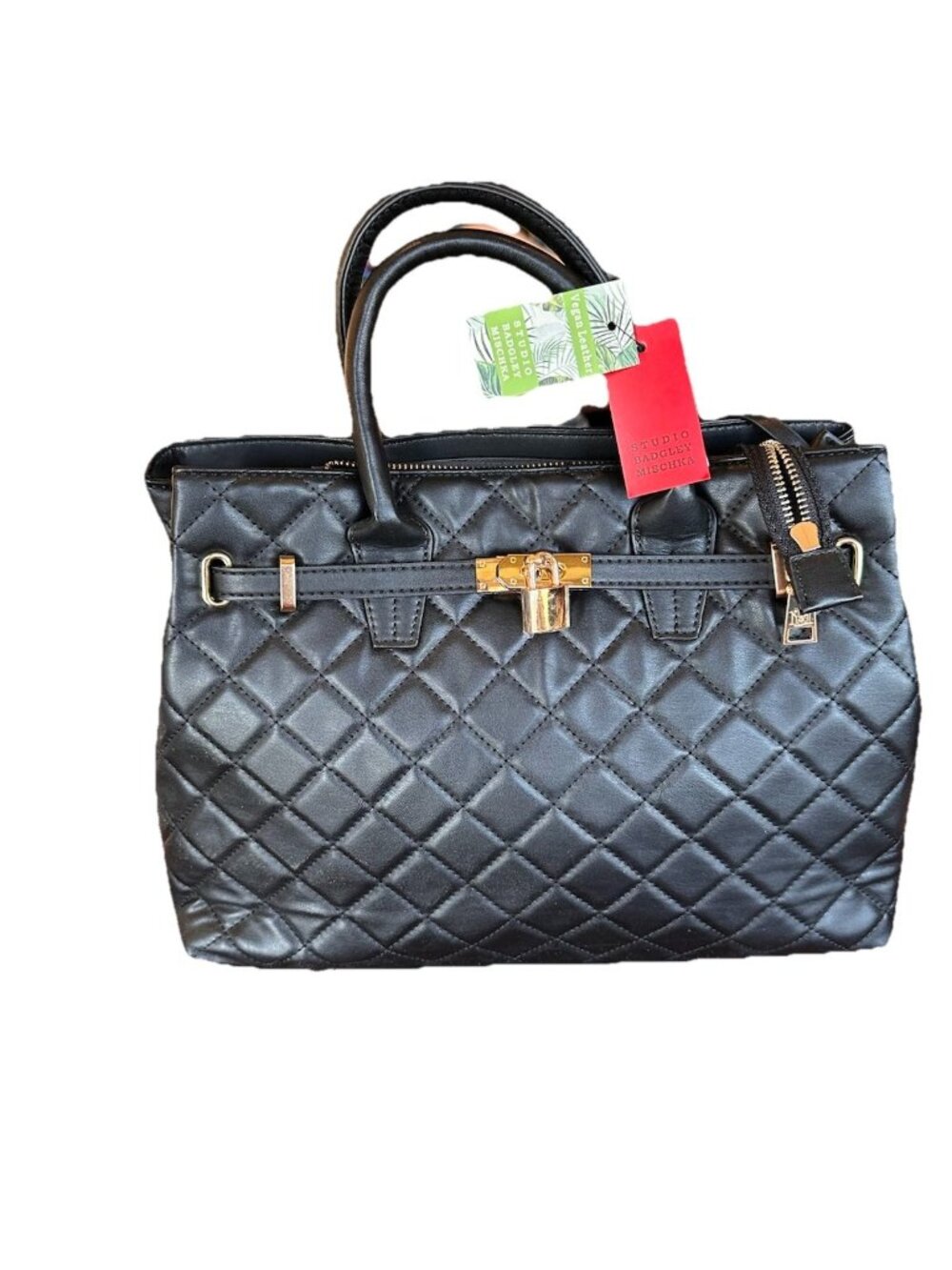 NWT Designer Badgley Mischka Tote Bag w/ Gold Lock Big Quilted Black